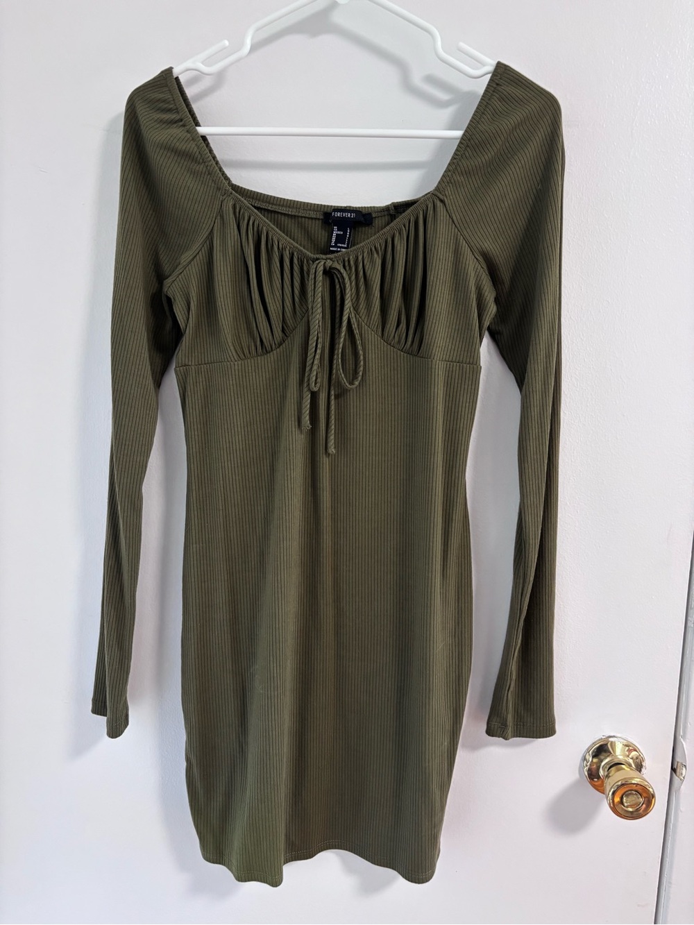 Forever 21 Olive Ribbed Long Sleeve Tie-Front Dress